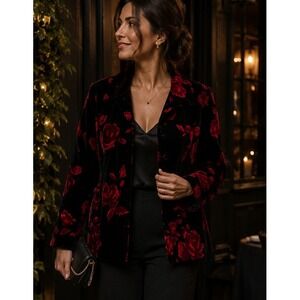 NWT Talbots Women Black Red Rose Velvet Jacket 16P Dark Romantic Gothic Coquette